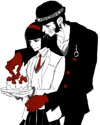 Rule 34 | 10s, 1boy, 1girl, bad id, bad pixiv id, black eyes, black hair, bowler hat, cake, candy, cuffs, earrings, facial hair, facial mark, food, formal, fruit, gloves, goatee, hairband, handcuffs, hat, holding, jake martinez, jewelry, kada rinka (dalia), kriem, linker (dalia), lollipop, mouth hold, necktie, partially colored, red gloves, short hair, sideburns, simple background, spot color, strawberry, suit, tiger &amp; bunny