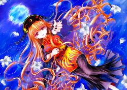 Rule 34 | 1girl, absurdly long hair, afloat, arm up, black dress, chinese clothes, dress, dutch angle, flower, hat, highres, junko (touhou), lily (flower), long hair, long sleeves, looking at viewer, nail polish, open mouth, orange hair, outstretched arm, posoposo, red eyes, reflection, smile, solo, tabard, touhou, turtleneck, very long hair, water, wide sleeves
