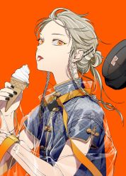 Rule 34 | 1girl, belt buckle, blonde hair, braid, buckle, chinese clothes, earrings, food, hair ornament, hairclip, hat, highres, hoop earrings, ice cream, ice cream cone, jacket, jewelry, kazari tayu, makeup, nail polish, orange background, orange eyes, original, see-through, simple background, soft serve, solo, strap, tongue, tongue out