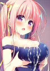 Rule 34 | 1girl, areola slip, bare shoulders, blue one-piece swimsuit, blush, breast lift, breasts, brown background, chestnut mouth, cleavage, collarbone, cum, cum on body, cum on breasts, cum on upper body, fingernails, hair between eyes, hair ribbon, hanamiya natsuka, hands up, heart, heart-shaped pupils, large breasts, long hair, looking away, one-piece swimsuit, open mouth, original, pink hair, purple eyes, ribbon, school swimsuit, sidelocks, simple background, solo, strap slip, swimsuit, symbol-shaped pupils, twintails, upper body, very long hair, yellow ribbon