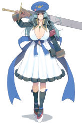 Rule 34 | 1girl, arm at side, arm up, armband, bag, black socks, blue hair, blue hat, blue ribbon, breasts, cleavage, closed mouth, dress, full body, hat, hat ornament, heart, heart print, highres, holding, holding sword, holding weapon, huge breasts, huge weapon, jewelry, kneehighs, kouno (masao), long hair, long sleeves, looking at viewer, necklace, original, pendant, red eyes, ribbon, shoes, simple background, sleeves past wrists, smile, socks, solo, standing, sword, weapon, white background, white dress, white footwear