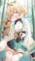 Rule 34 | 1girl, absurdres, bamboo, bamboo forest, black gloves, blonde hair, blue eyes, breasts, chest sarashi, cleavage, collarbone, commentary request, fingerless gloves, forest, gloves, green skirt, hair between eyes, hair ornament, highres, hololive, kazama iroha, leaf hair ornament, looking at viewer, medium breasts, nature, open mouth, outdoors, pleated skirt, ponytail, sarashi, short hair, skirt, smile, virtual youtuber, yana mori