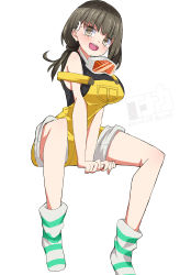 Rule 34 | 10s, 1girl, :d, blush, breasts, brown eyes, brown hair, gatchaman crowds, goggles, goggles around neck, ichinose hajime, inaka keikou, off shoulder, open mouth, overalls, simple background, sitting, smile, socks, solo, striped clothes, striped socks, white background