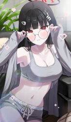 Rule 34 | 1girl, absurdres, black hair, blue archive, glasses, highres, jacket, long hair, long sleeves, looking at viewer, momomoi momoi, navel, open clothes, open jacket, red eyes, rio (blue archive), shorts, solo, sports bra, standing