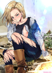 Rule 34 | 1girl, android 18, blonde hair, blue eyes, breasts, dragon ball, dragon ball super, dragonball z, earrings, highres, hoop earrings, jewelry, nipples, oyaman, solo, tagme, torn, torn clothes
