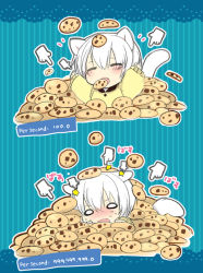 Rule 34 | 1boy, animal ears, arms up, blush, cat ears, cat tail, cookie, cookie clicker, cursor, eating, food, gameplay mechanics, kamiyoshi rika, male focus, multiple persona, no nose, o o, original, outstretched arms, pointing, progression, short hair, silver hair, smile, solo, sweat, tail, thoto, too many, wavy mouth