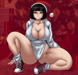 Rule 34 | 1girl, absurdres, black hair, blunt bangs, bob cut, breasts, christmas, cleavage, closed mouth, collarbone, full body, hat, highres, hood, hoodie, kyelyn, large breasts, leotard, long sleeves, looking at viewer, original, red background, santa hat, shoes, short hair, sitting, smile, smug, sneakers, solo, spread legs, thick thighs, thighs, yellow eyes