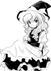Rule 34 | 1girl, apron, dress, female focus, greyscale, hair ribbon, hat, high contrast, kirisame marisa, monochrome, ribbon, simple background, sitting, solo, touhou, tress ribbon, witch, witch hat