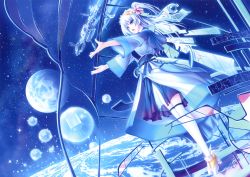 Rule 34 | 1girl, absurdres, blue eyes, blue hair, flower, hair flower, hair ornament, highres, long hair, matching hair/eyes, open mouth, original, outstretched arms, satellite, solo, space, spacecraft, star (symbol), tenmaso, thighhighs, white thighhighs