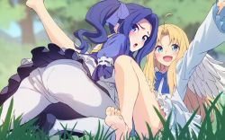 Rule 34 | 2girls, absurdres, ahoge, barefoot, blonde hair, blue eyes, blush, bow, embarrassed, eyes visible through hair, feet, filo (tate no yuusha no nariagari), grass, hair bow, hair ribbon, happy, highres, leaning back, leaning forward, leg lift, long hair, looking at viewer, looking back, matching hair/eyes, melty q melromarc, multiple girls, open mouth, outdoors, outstretched arm, panties, panties under pantyhose, pantyhose, purple bow, purple hair, purple ribbon, ribbon, sad, sitting, smile, soles, spread legs, tate no yuusha no nariagari, toes, twintails, underwear, very long hair, yuri