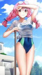 Rule 34 | 1girl, arm up, black ribbon, blue one-piece swimsuit, blue sky, braid, breasts, broom, closed mouth, cloud, collarbone, competition school swimsuit, competition swimsuit, covered navel, day, doukyuusei 2, doukyuusei another world, eyewear on head, game cg, hair between eyes, hair ribbon, hand on hilt, highleg, highleg swimsuit, katou minori, long hair, medium breasts, official art, one-piece swimsuit, outdoors, pink hair, red eyes, ribbon, school swimsuit, shirt, short sleeves, sky, smile, solo, standing, swimsuit, t-shirt, tied shirt, twin braids, wet, wet clothes, wet shirt, white shirt
