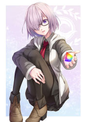 Rule 34 | 1girl, black pantyhose, blush, breasts, convenient leg, fate/grand order, fate (series), glasses, hair over one eye, highres, jh, looking at viewer, mash kyrielight, medium breasts, necktie, outstretched arm, pantyhose, purple eyes, purple hair, saint quartz (fate), short hair, smile, solo