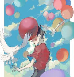 Rule 34 | 1boy, animal, balloon, bird, black hair, black pants, blue sky, blush stickers, covered eyes, day, don&#039;t starve, dove, from side, jenny25424633, lipstick, makeup, male focus, outside border, pants, parted lips, red lips, red shirt, shirt, short hair, short sleeves, sky, surprised, transparent, upper body, wes (don&#039;t starve)
