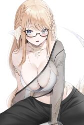 Rule 34 | 1girl, absurdres, au ra, black pants, blonde hair, blue eyes, blush, braid, breasts, collarbone, commentary request, commission, dragon girl, dragon horns, dragon tail, final fantasy, final fantasy xiv, glasses, highres, horns, large breasts, long hair, long sleeves, looking at viewer, looking over eyewear, navel, off shoulder, open mouth, pants, scales, see-through, shhilee, sidelocks, simple background, sitting, skeb commission, solo, spread legs, tail, warrior of light (ff14), white background