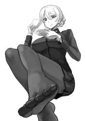 Rule 34 | 1girl, braid, closed mouth, commentary request, crossed legs, cup, darjeeling (girls und panzer), feet, floating, foreshortening, girls und panzer, gloves, greyscale, highres, holding, holding cup, holding saucer, jacket, long sleeves, looking at viewer, military, military uniform, miniskirt, monochrome, nabeyu, pantyhose, pleated skirt, saucer, short hair, skirt, smile, solo, st. gloriana&#039;s military uniform, teacup, toes, uniform