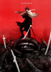 Rule 34 | 1boy, arumajiro0328, carrying over shoulder, cloak, coat, crack, dead animal, dual wielding, floating clothes, highres, holding, holding sword, holding weapon, long sleeves, looking at viewer, male focus, monochrome, monster, red theme, short hair, simple background, solo, standing, sword, tachikawa kei, tachikawa squad&#039;s uniform, torion hei, uniform, weapon, world trigger