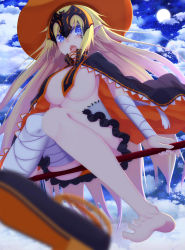 Rule 34 | 1girl, :o, bandages, bandaged arm, bandaged leg, bandages, barefoot, blonde hair, blue eyes, blurry, blush, breasts, capelet, cloud, cloudy sky, depth of field, fangs, fate/apocrypha, fate/grand order, fate (series), feet, flying, frills, halloween, hat, headpiece, highres, jeanne d&#039;arc (fate), jeanne d&#039;arc (ruler) (fate), large breasts, long hair, moon, open mouth, orange panties, panties, pantyshot, pointy ears, sky, soles, solo, spread toes, star (sky), starry sky, tazaki hayato, toes, underboob, underwear, very long hair, witch, witch hat