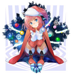 Rule 34 | black ribbon, blue eyes, blunt bangs, blush, boots, box, butterfly hair ornament, cape, christmas, christmas ornaments, christmas tree, gift, gift box, gloves, go-toubun no hanayome, hair ornament, hat, highres, hirokiku, long sleeves, looking at viewer, nakano nino, pink hair, pout, red cape, red shorts, ribbon, santa boots, santa costume, santa gloves, santa hat, shorts, solo, squatting, twintails, v-shaped eyebrows