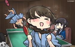 Rule 34 | &gt; &lt;, 10s, 3girls, :d, alternate costume, black hair, blush, braid, brown hair, commentary request, dated, closed eyes, failure penguin, hair over shoulder, hair ribbon, hamu koutarou, highres, indoors, kantai collection, kitakami (kancolle), long hair, miss cloud, multiple girls, nagara (kancolle), o o, open mouth, paddle, purple eyes, ribbon, short hair, single braid, slippers, unworn slippers, smile, sparkle, table tennis, table tennis paddle, towel, uranami (kancolle)