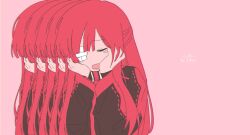 Rule 34 | 1girl, absurdres, black jacket, blush, em3ang, gauze over eye, hands up, highres, jacket, kyu-kurarin (cevio), limbus company, long hair, long sleeves, one eye closed, open mouth, pink background, project moon, sidelocks, smile, solo, upper body, very long hair, yuri (project moon)
