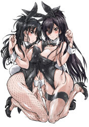 Rule 34 | 2girls, animal ears, asymmetrical docking, between legs, black hair, blue eyes, blush, bow, bowtie, breast press, breasts, brown eyes, brown hair, clenched hand, commentary request, detached collar, fake animal ears, fishnet pantyhose, fishnets, full body, hand between legs, hand on own thigh, hand up, high heels, high ponytail, highres, idolmaster, idolmaster shiny colors, kazano hiori, kneeling, large breasts, leotard, long hair, messy hair, mole, mole under mouth, multiple girls, no panties, pantyhose, parted lips, playboy bunny, ponytail, rabbit ears, shirase sakuya, simple background, smile, sweatdrop, very long hair, wavy hair, white background, wrist cuffs, yazawa mana