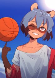 Rule 34 | 1girl, absurdres, animal ears, ball, basketball, basketball (object), blouse, blue hair, blue sky, brand new animal, clenched teeth, cloud, collarbone, day, furry, furry female, green eyes, highres, jacket, kagemori michiru, looking at viewer, multicolored eyes, off-shoulder shirt, off shoulder, one eye closed, pink eyes, raccoon ears, raccoon girl, scar, shirt, short hair, sky, smile, solo, sun, tanquito kun, teeth, track jacket, upper body, white shirt