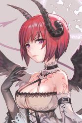 Rule 34 | 1girl, alternate costume, bare shoulders, black wings, breasts, buckle, choker, cleavage, closed mouth, horns, hungry clicker, looking at viewer, medium breasts, nel zelpher, purple eyes, red hair, short hair, solo, star ocean, wings