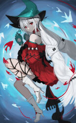 Rule 34 | 1girl, absurdres, angelfish, aqua gloves, aqua headwear, arknights, bare shoulders, black ribbon, boots, breasts, closed mouth, detached sleeves, dress, fish, frilled sleeves, frills, from side, full body, gloves, grey hair, high heel boots, high heels, highres, knee boots, leg ribbon, long hair, long sleeves, looking at viewer, looking to the side, low twintails, medium breasts, red dress, red eyes, ribbon, skadi (arknights), skadi the corrupting heart (arknights), solo, suzutaro, twintails, very long hair, white footwear, wide sleeves