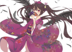 Rule 34 | 1girl, alternate costume, black feathers, black wings, bloom, brown hair, cellphone, checkered sash, covering own mouth, cowboy shot, feathers, floral print, folding fan, furisode, hair ribbon, hand fan, hat, himekaidou hatate, japanese clothes, kimono, kyuugorou, long sleeves, looking at viewer, obi, phone, pointy ears, red eyes, ribbon, sash, sleeves past wrists, solo, tokin hat, touhou, twintails, two side up, white background, wide sleeves, wings