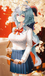 Rule 34 | 1girl, absurdres, alternate costume, bag, blue hair, blue skirt, bow, bowtie, breasts, ganyu (genshin impact), genshin impact, goat horns, hair between eyes, highres, holding, holding bag, horns, jisu lee, large breasts, long hair, long sleeves, looking at viewer, pleated skirt, purple eyes, red bow, red bowtie, shirt, skirt, solo, standing, white shirt