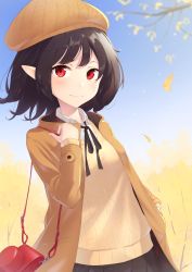 Rule 34 | 1girl, absurdres, arm up, bare tree, black hair, black skirt, blue sky, breasts, brown hat, brown jacket, camera case, commentary, contrapposto, day, expressionless, falling leaves, hand in pocket, hat, highres, jacket, kanpa (campagne 9), leaf, long sleeves, looking at viewer, open clothes, open jacket, outdoors, pointy ears, red eyes, shameimaru aya, shirt, short hair, skirt, sky, small breasts, solo, standing, sweater, touhou, tree, upper body, white shirt