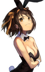 Rule 34 | 1girl, animal ears, bare arms, bare shoulders, black bow, black bowtie, black leotard, bow, bowtie, breasts, brown eyes, brown hair, cleavage, closed mouth, collarbone, crossed arms, detached collar, fake tail, floating hair, from side, hair ribbon, hairband, leotard, medium breasts, medium hair, nasubin (nasubisamurai15), orange hairband, orange ribbon, playboy bunny, rabbit ears, rabbit tail, ribbon, simple background, smile, solo, strapless, strapless leotard, suzumiya haruhi, suzumiya haruhi no yuuutsu, tail, white background, wrist cuffs