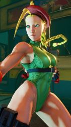 Rule 34 | 1girl, 3d, antenna hair, bare shoulders, blonde hair, blue eyes, braid, breasts, cammy white, covered navel, curvy, fighting stance, gloves, green leotard, groin, hat, highleg, highleg leotard, highres, large breasts, leotard, lips, long hair, night, night sky, red gloves, red hat, ryona, screencap, shiny clothes, sky, solo, street fighter, street fighter v, stretching, thighs, third-party edit, thong leotard, twin braids, very long hair, wide hips