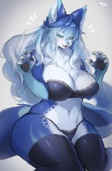 Rule 34 | 1girl, :3, absurdres, animal ear fluff, animal ears, artist name, black bra, black panties, black thighhighs, blue eyes, blue fur, blue hair, blush, body fur, bra, breasts, claws, cleavage, colored eyelashes, commentary request, fangs, fox ears, fox girl, fox tail, fur collar, furry, furry female, gradient background, gradient hair, grey background, hair between eyes, half-closed eyes, hands up, happy, highres, huge breasts, lace, lace-trimmed bra, lace-trimmed panties, lace trim, long hair, looking at viewer, multicolored fur, multicolored hair, navel, notice lines, open mouth, original, panties, pawpads, sidelocks, signature, simple background, sitting, skindentation, smile, snout, solo, stomach, string panties, suurin (ksyaro), tail, teeth, thick thighs, thighhighs, thighs, twitter username, underwear, underwear only, v-shaped eyebrows, wariza, white fur, white hair, wide hips