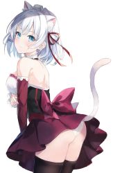 Rule 34 | .com (bot com1), 1girl, animal ear fluff, animal ears, ass, black thighhighs, blue eyes, breasts, cat ears, cat girl, cat tail, closed mouth, cowboy shot, detached sleeves, from behind, frown, hair between eyes, hair ornament, hair ribbon, hairclip, highres, leaning forward, long sleeves, looking at viewer, looking back, maid headdress, medium breasts, medium hair, miniskirt, panties, pleated skirt, purple skirt, red ribbon, red sleeves, ribbon, shoulder blades, siesta (tantei wa mou shindeiru), silver hair, simple background, skirt, solo, standing, tail, tantei wa mou shindeiru, thighhighs, underwear, white background, white panties