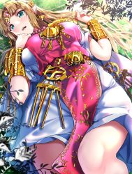 Rule 34 | 1girl, alternate breast size, bead necklace, beads, belt, blonde hair, blue eyes, bracelet, breasts, circlet, commentary request, dress, earrings, gem, grass, highres, jewelry, large breasts, legs, long hair, looking at viewer, lying, necklace, nintendo, nonohachi, on back, open mouth, pendant, pointy ears, princess zelda, solo, sparkle, super smash bros., teeth, the legend of zelda, the legend of zelda: a link to the past, triforce, upper teeth only
