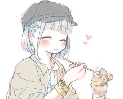 Rule 34 | 1girl, ^ ^, black hat, blush, bracelet, cha ipride, closed eyes, closed mouth, collared shirt, dessert, earrings, facing viewer, flat cap, food, from side, fruit, glass, grey hair, grey shirt, hat, holding, holding spoon, ice cream, idoly pride, jewelry, kana (idoly pride), lemon, lemon slice, long bangs, long sleeves, open clothes, open shirt, shirt, short hair, sidelocks, simple background, sleeves pushed up, solo, spoon, upper body, white background