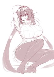 Rule 34 | 1girl, absurdres, ahoge, azur lane, breasts, hair between eyes, highres, large breasts, long hair, monochrome, open mouth, pantyhose, simple background, sitting, sketch, smile, solo, sub-res, sweater, taihou (azur lane), turtleneck, turtleneck sweater, twintails, very long hair, white background