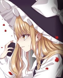 Rule 34 | 1girl, bad id, bad pixiv id, black hat, black vest, blonde hair, bow, commentary request, from side, hand up, hat, hat bow, highres, holding, kirisame marisa, long hair, long sleeves, mini-hakkero, parted lips, petals, profile, rose petals, shinonome asu, shirt, simple background, solo, sweat, touhou, upper body, vest, white background, white bow, white shirt, witch hat, yellow eyes
