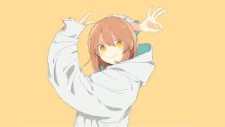 Rule 34 | 1girl, arms up, arusechika, closed mouth, from side, goodbye sengen (vocaloid), happy, highres, hood, hood down, hooded jacket, hoodie, jacket, looking at viewer, ok sign, short hair, sleeves past wrists, smile, solo, v, vocaloid, white hoodie, yellow background