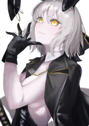 Rule 34 | 1girl, aegyo sal, animal ears, between breasts, black bow, black gloves, black jacket, black leotard, black necktie, bow, breasts, chain, closed mouth, detached collar, fake animal ears, fake tail, fate/grand order, fate (series), gloves, grey hair, hair bow, hand on own chin, highres, holding, holding sword, holding weapon, jacket, jacket on shoulders, jeanne d&#039;arc alter (fate), jewelry, large breasts, leotard, looking at viewer, necktie, necktie between breasts, parted lips, playboy bunny, rabbit ears, rabbit tail, ri o ne su, ring, short hair, sideboob, simple background, solo, sword, tail, weapon, white background, yellow eyes