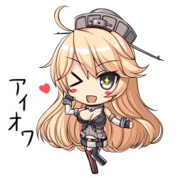 Rule 34 | &gt; o, 10s, 1girl, ;d, ahoge, asymmetrical legwear, blonde hair, blush stickers, breasts, character name, chibi, cleavage, detached sleeves, fingerless gloves, garter straps, gloves, grey eyes, headgear, heart, iowa (kancolle), kantai collection, large breasts, long hair, looking at viewer, mismatched legwear, one eye closed, open mouth, shibata rai, smile, solo, star-shaped pupils, star (symbol), symbol-shaped pupils, thighhighs, thumbs up, translation request