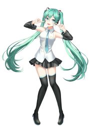 Rule 34 | 1girl, :d, absurdres, aqua hair, black footwear, black skirt, black sleeves, blue eyes, blue nails, blue necktie, boots, breasts, collared shirt, detached sleeves, dress shirt, floating hair, full body, hair between eyes, hair ornament, hatsune miku, headphones, highres, long hair, long sleeves, looking at viewer, maru (est3562), medium breasts, miniskirt, nail polish, necktie, open mouth, pleated skirt, shirt, simple background, skirt, sleeveless, sleeveless shirt, smile, solo, standing, thigh boots, thighhighs, twintails, very long hair, vocaloid, white background, white shirt, wing collar, zettai ryouiki