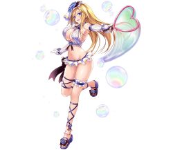 1girl armpits bikini blonde_hair blue_eyes blue_flower blue_rose breasts bubble bubble_wand caladbolg_(phantom_of_the_kill) cross-laced_footwear detached_sleeves earrings flower frilled_bikini frills full_body groin hair_flower hair_ornament heart highres jewelry large_breasts legband long_hair looking_at_viewer navel official_alternate_costume official_art phantom_of_the_kill rose sandals shore simple_background smile solo swimsuit third-party_source transparent_background wet