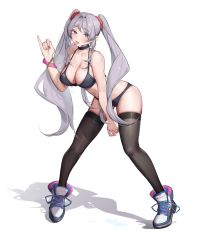 Rule 34 | 1girl, absurdres, bikini, black bikini, black thighhighs, blue eyes, breasts, cleavage, drooling, eyebrows hidden by hair, full body, grey hair, hair between eyes, highres, large breasts, lekou, long hair, looking at viewer, original, saliva, saliva trail, shadow, simple background, solo, standing, swimsuit, thighhighs, tongue, tongue out, twintails, white background