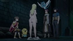 Rule 34 | 2boys, 2girls, animal, animated, anime screenshot, ass, back, backboob, black hair, blonde hair, blue shirt, blush, breasts, brown hair, butt crack, cat, completely nude, covering privates, covering breasts, eclair (fairy tail), embarrassed, fairy tail, fairy tail houou no miko, feet, feet up, from behind, gray fullbuster, happy (fairy tail), highres, huge ass, large breasts, long hair, lucy heartfilia, momon (fairy tail), multiple boys, multiple girls, natsu dragneel, nude, open mouth, outdoors, pink hair, scarf, screaming, screencap, shirt, sideboob, sound, squatting, standing, thighs, towel, towel slip, video, white scarf, wide hips, wings