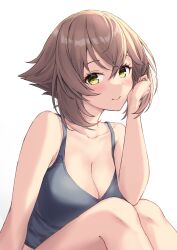 Rule 34 | 1girl, absurdres, blush, breasts, brown hair, camisole, cleavage, closed mouth, collarbone, feet out of frame, green eyes, grey camisole, highres, kantai collection, large breasts, looking at viewer, monoku, mutsu (kancolle), short hair, simple background, smile, solo, white background