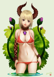 Rule 34 | 1girl, ariverkao, bikini, bikini pull, black eyes, blonde hair, breasts, cleavage, clothes pull, covered erect nipples, flower, gem, grey background, horns, lips, navel, original, parted lips, pulling own clothes, red bikini, short hair, signature, simple background, smile, soaking feet, solo, swimsuit, wading, water