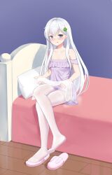 Rule 34 | 1girl, absurdres, bed, blue eyes, blush, crossed legs, feet, gu ling yu, heart, heart-shaped pupils, highres, licking lips, long hair, looking at viewer, pantyhose, sitting, slippers, steam, symbol-shaped pupils, toes, tongue, tongue out, unworn legwear, white hair, white pantyhose