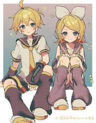 Rule 34 | 1boy, 1girl, ?, ahoge, black sleeves, blonde hair, blue eyes, border, bow, closed mouth, detached sleeves, full body, hair between eyes, hair bow, headset, highres, kagamine len, kagamine rin, leg warmers, motion lines, musical note, musical note print, necktie, sailor collar, sazanami (ripple1996), shirt, sitting, smile, translation request, treble clef, vocaloid, white border, yellow necktie, yellow shirt